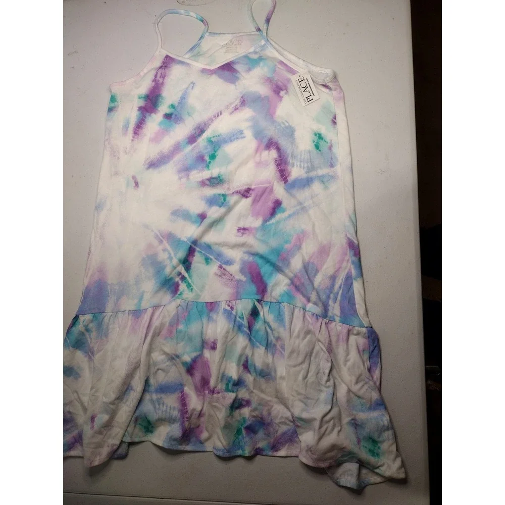 The Childrens Place Girls Tie Dye Strappy Tiered Ruffle Dress Purple Teal XXL 16 - Picture 1 of 5